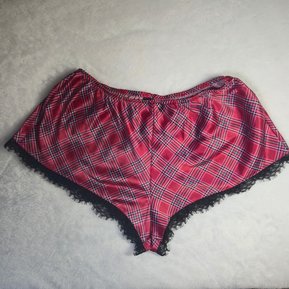 Red Plaid Satin Pajama Shorts with Black Eyelash Lace Trim Sleepwear Loungewear